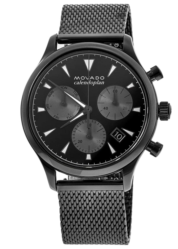 Shop Movado Heritage Calendoplan Chronograph Black Dial Grey Mesh Strap Watch for Men - 3650100 in USA