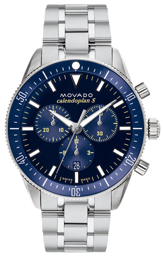 Shop Movado Heritage Calendoplan Chronograph Blue Dial Silver Steel Strap Watch For Men - 3650124 in USA