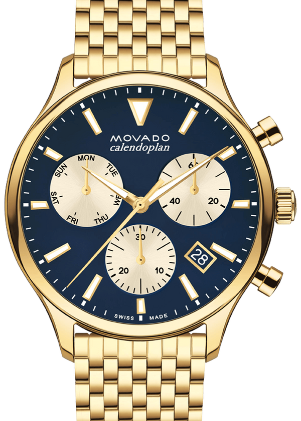 Shop Movado Heritage Calendoplan Blue Dial Gold Steel Strap Watch for Men - 3650015 in USA
