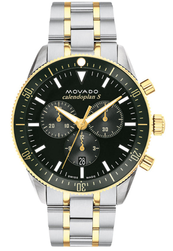 Shop Movado Heritage Calendoplan Chronograph Green Dial Two Tone Steel Strap Watch For Men - 3650167 in USA