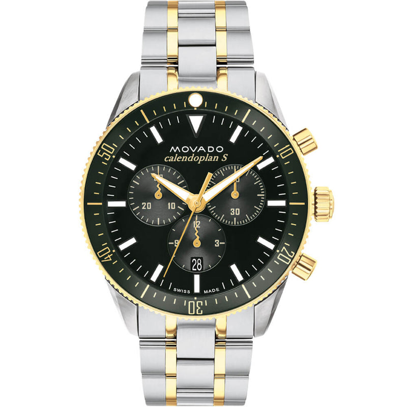 Shop Movado Heritage Calendoplan Chronograph Green Dial Two Tone Steel Strap Watch For Men - 3650167 in USA