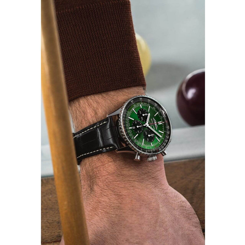 Shop Breitling Navitimer B01 Chronograph 46 Green Dial Black Leather Strap Watch for Men - AB0137241L1P1 in USA