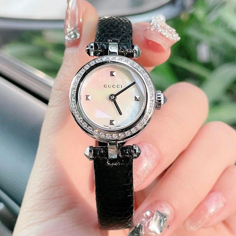 Gucci Diamantissima Diamonds Mother of Pearl Dial Black Leather Strap Watch For Women - YA141511 Buy Now By Gucci
