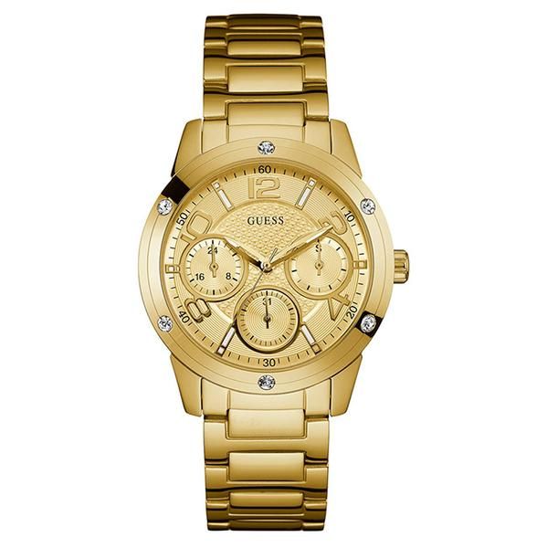 Shop Guess Crystal Multifunction Gold Dial Gold Steel Strap Watch for Women - W0778L2 in USA