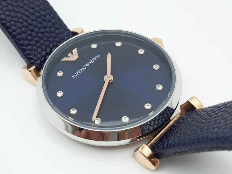 Emporio Armani Gianni T Bar Analog Blue Dial Black Leather Strap Watch For Women - AR1989 Buy Now By Emporio Armani
