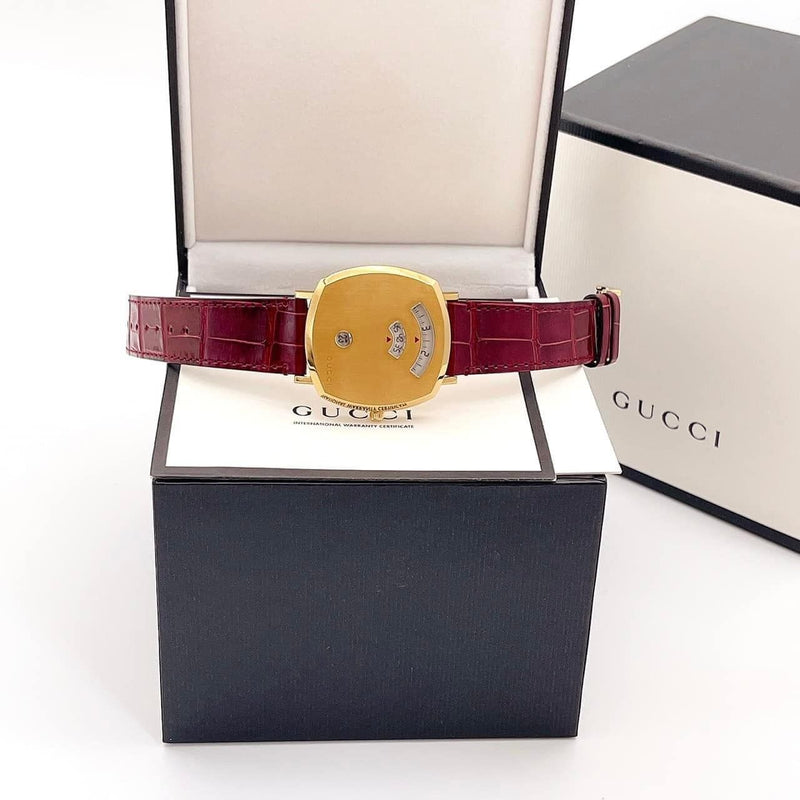 Shop Gucci Grip Quartz Gold Dial Maroon Leather Strap Watch For Women - YA157413 in USA