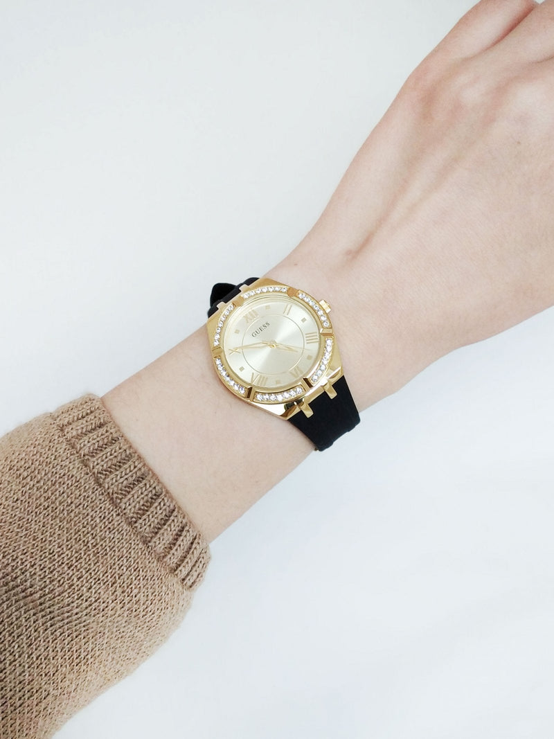 Guess Cosmo Diamonds Gold Dial Black Rubber Strap Watch for Women - GW0034L1 Buy Now By Guess