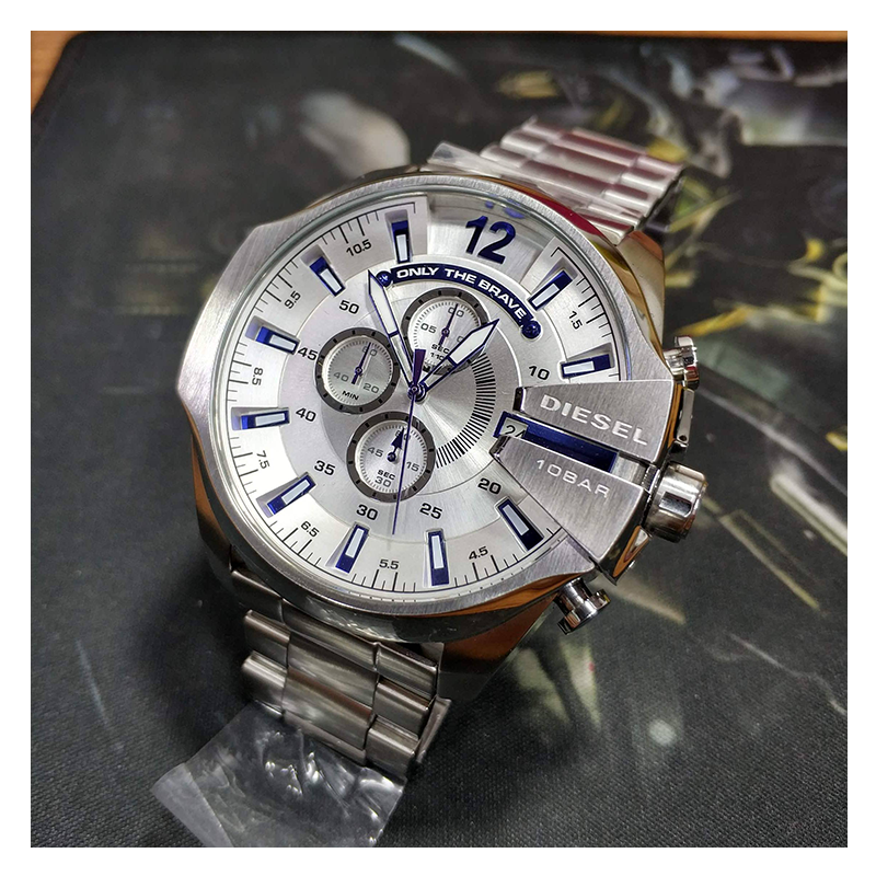 Diesel Mega Chief Chronograph White Dial Silver Steel Strap Watch For Men - DZ4477
