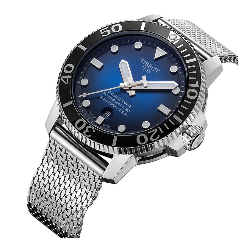 Tissot Seastar 1000 Powermatic 80 Blue Dial SIlver Mesh Bracelet Watch For Men - T120.407.11.041.02 Buy Now By Tissot