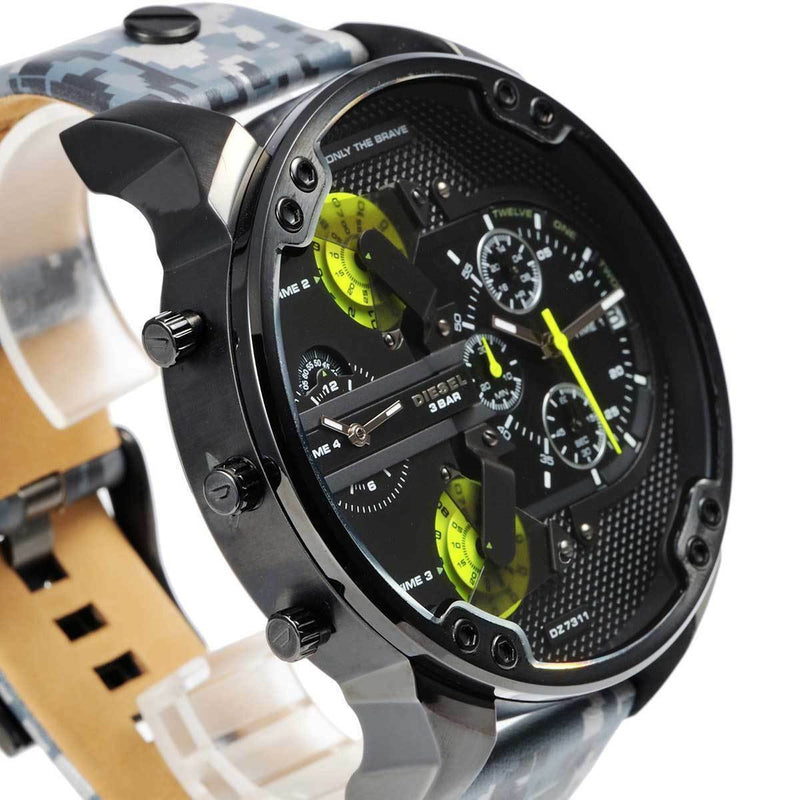 Shop Diesel Big Daddy Chronograph Black Dial Black Leather Strap Watch For Men - DZ7311 in USA