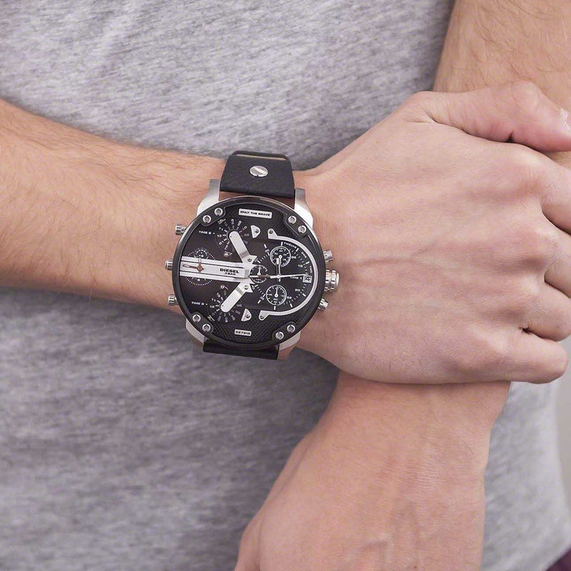 Shop Diesel Mr Daddy Black Dial Black Leather Strap Watch For Men - DZ7313 in USA