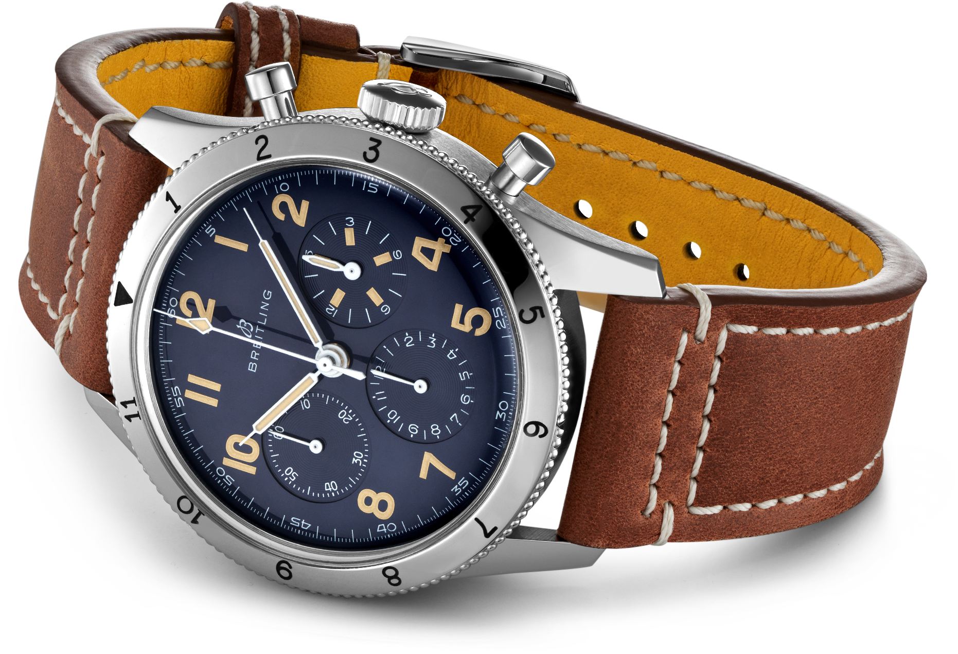 Breitling Avi 1953 Edition Platinum Chronograph Blue Dial Brown Leather Strap Watch for Men - LB0920131C1X1