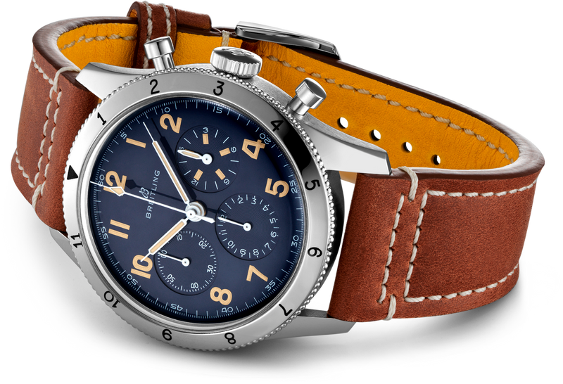 Breitling Avi 1953 Edition Platinum Chronograph Blue Dial Brown Leather Strap Watch for Men - LB0920131C1X1