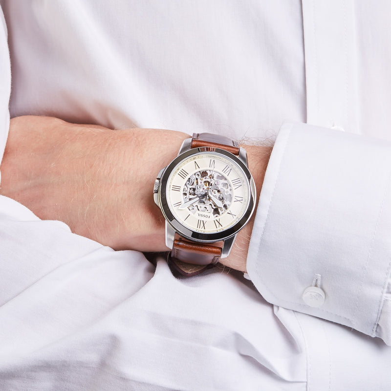 Fossil Grant Automatic Beige Skeleton Dial Brown Leather Strap Watch for Men - ME3099 Buy Now By Fossil