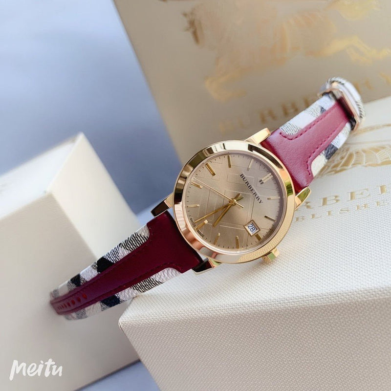 Burberry Heritage Nova Gold Dial Haymarket Red Leather Strap Watch for Women - BU9111 Buy Now By Burberry