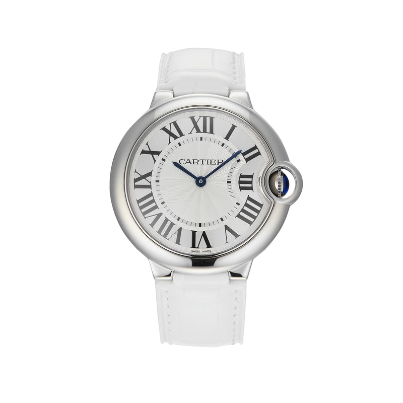 Shop Cartier Ballon Bleu de Cartier Silver Dial White Leather Strap Watch for Women - W6920087 in USA