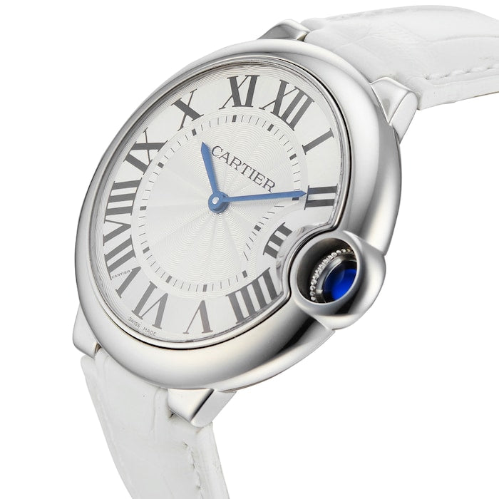 Shop Cartier Ballon Bleu de Cartier Silver Dial White Leather Strap Watch for Women - W6920087 in USA