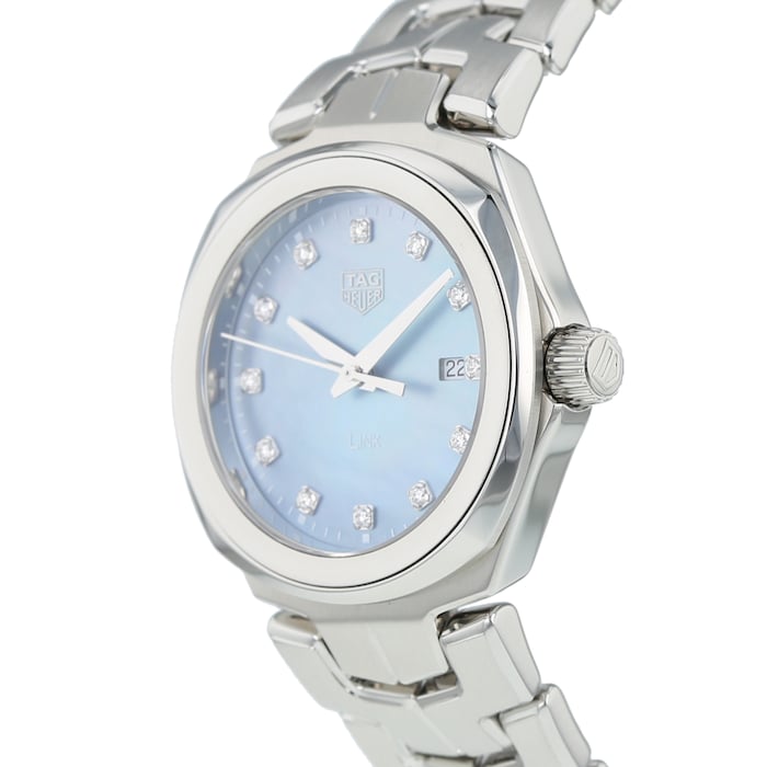 Shop Tag Heuer Link Quartz Diamonds Blue Mother of Pearl Dial Silver Steel Strap Watch for Women - WBC1313.BA0600 in USA