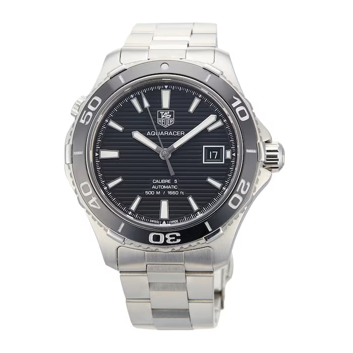Shop Tag Heuer Aquaracer Caliber 5 Automatic Black Dial Silver Steel Strap Watch for Men - WAK2110.BA0830 in USA