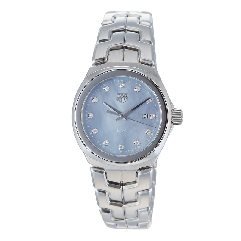 Shop Tag Heuer Link Quartz Diamonds Blue Mother of Pearl Dial Silver Steel Strap Watch for Women - WBC1313.BA0600 in USA