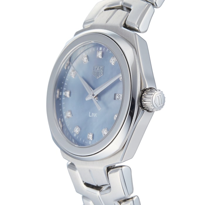 Shop Tag Heuer Link Quartz Diamonds Blue Mother of Pearl Dial Silver Steel Strap Watch for Women - WBC1313.BA0600 in USA