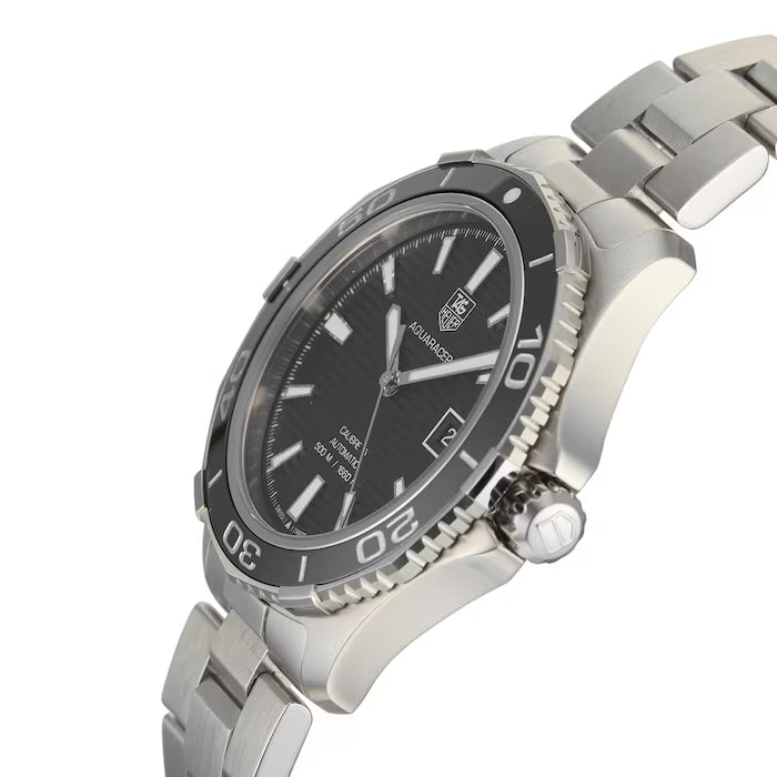 Shop Tag Heuer Aquaracer Caliber 5 Automatic Black Dial Silver Steel Strap Watch for Men - WAK2110.BA0830 in USA