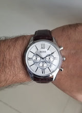 Hugo Boss Ambassador Chronograph Silver Dial Brown Leather Strap Watch For Men - HB1513195 Buy Now By Hugo Boss