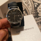 Emporio Armani Lambda Classic Quartz Black Dial Black Leather Strap Watch For Men - AR11020