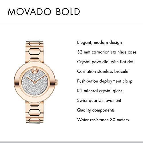 Shop Movado Bold Crystal Pave Rose Gold Dial Rose Gold Steel Strap Watch For Women - 3600493 in USA