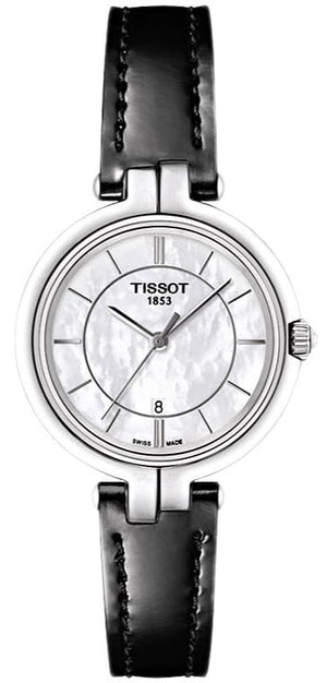 Tissot T Lady Flamingo Mother of Pearl White Dial Black Leather Strap Watch for Women - T094.210.16.111.00
