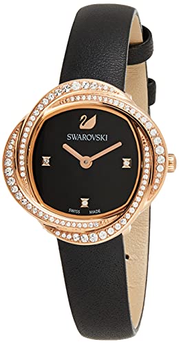 Shop Swarovski Crystal Flower Black Dial Black Leather Strap Watch for Women - 5552421 in USA