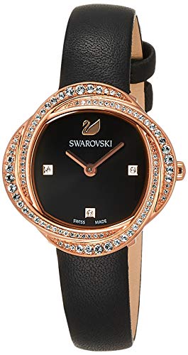 Shop Swarovski Crystal Flower Black Dial Black Leather Strap Watch for Women - 5552421 in USA
