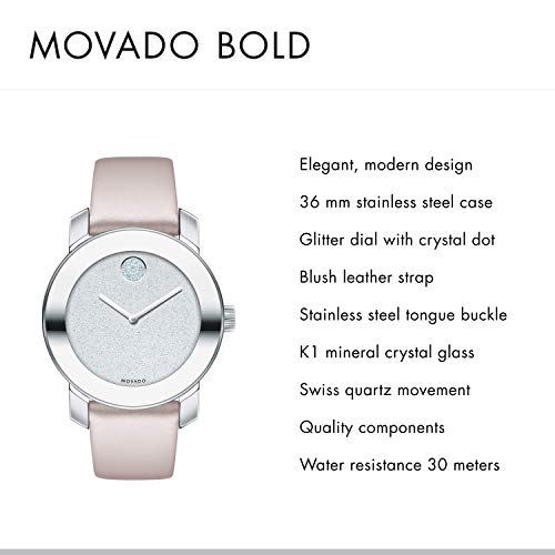 Shop Movado Bold Glitter Silver Dial Pink Leather Strap Watch For Women - 3600522 in USA