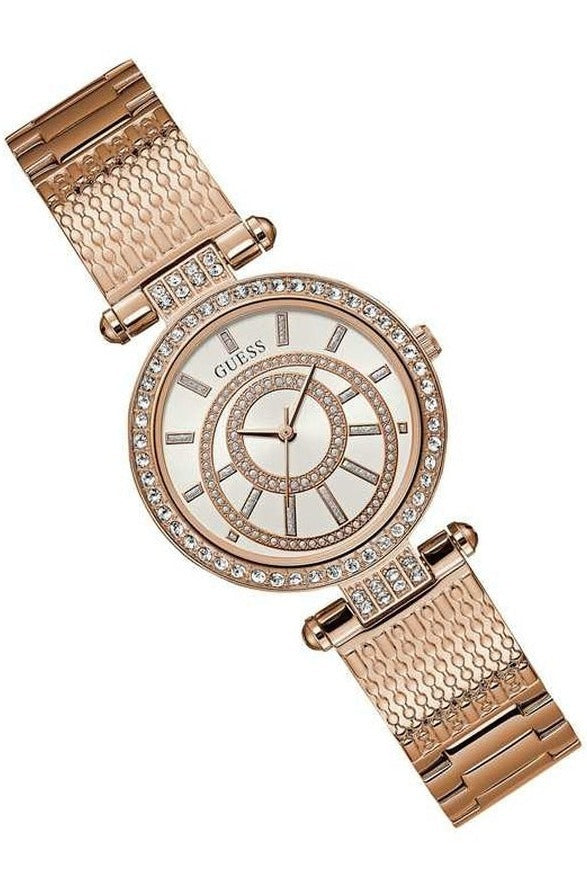 Guess Muse Quartz Silver Dial Rose Gold Steel Strap Watch For Women - W1008L3