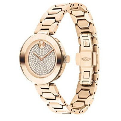 Shop Movado Bold Crystal Pave Rose Gold Dial Rose Gold Steel Strap Watch For Women - 3600493 in USA