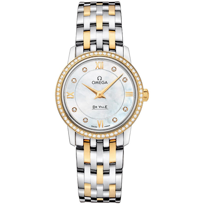 Shop Omega De Ville Prestige Quartz Diamonds Mother of Pearl Dial Two Tone Steel Strap Watch for Women - 424.25.27.60.55.001 in USA