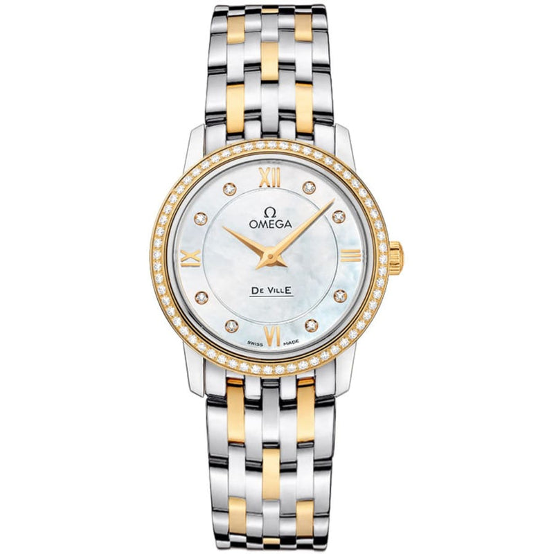 Shop Omega De Ville Prestige Quartz Diamonds Mother of Pearl Dial Two Tone Steel Strap Watch for Women - 424.25.27.60.55.001 in USA