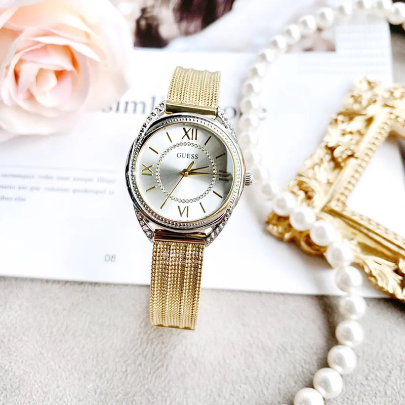 Guess Whisper Silver Dial Gold Mesh Bracelet Watch for Women - W1084L2 Buy Now By Guess