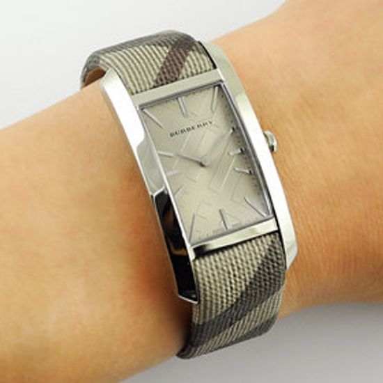 Shop Burberry Nova Check Silver Dial Two Tone Leather Strap Watch For Women - BU9404 in USA