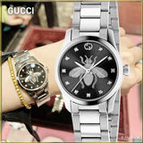 Shop Gucci G Timeless Quartz Diamonds Black Dial Silver Steel Strap Watch For Women - YA1265024 in USA