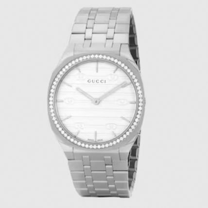 Shop Gucci 25H Quartz Diamonds Silver Dial Silver Steel Strap Watch for Women - YA163401 in USA