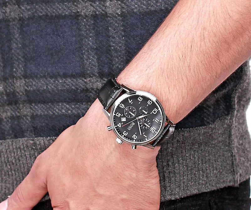 Hugo Boss Aeroliner Chronograph Black Dial Black Leather Strap Watch For Men - 1512448 Buy Now By Hugo Boss