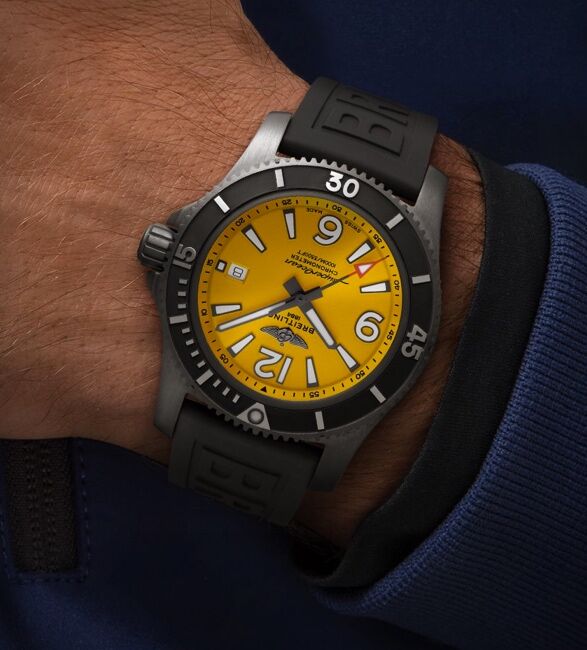 Breitling Superocean Automatic 46mm Yellow Dial Black Rubber Strap Watch for Men - M17368D71I1S1