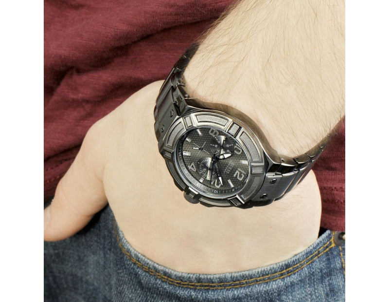 Guess Rigor Multifunction Black Dial Black Steel Strap Watch For Men - W0218G1 Buy Now By Guess