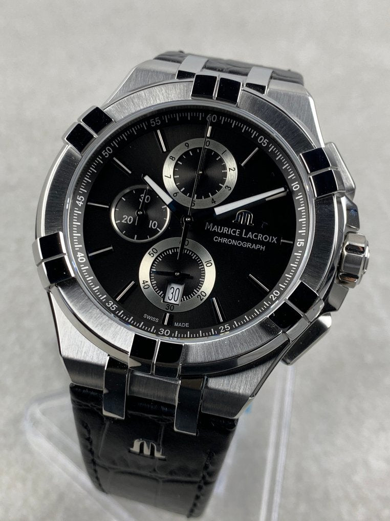 Maurice Lacroix Aikon Chronograph Black Dial Black Leather Strap Watch for Men - AI1018-SS001-330-1 Buy Now By Maurice Lacroix