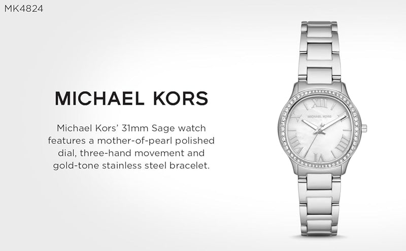 Michael Kors Sage Three-Hand Mother of Pearl White Dial Silver Steel Strap Watch for Women - MK4824 Buy Now By Michael Kors
