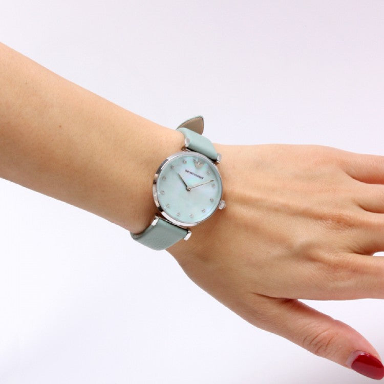Emporio Armani Gianni T Bar Mother Of Pearl Blue Dial Blue Leather Strap Watch For Women - AR1959 Buy Now By Emporio Armani