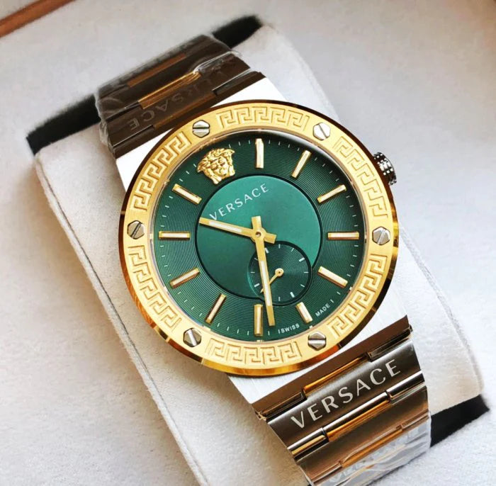 Versace Hellenyium Quartz Green Dial Silver Steel Strap Watch For Men - VEVK00420 Buy Now By Versace