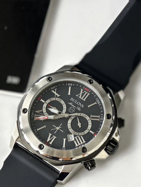 Bulova Marine Star Chronograph Black Dial Black Rubber Strap Watch for Men - 98B127 Buy Now By Bulova