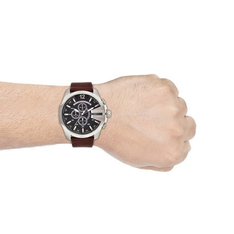 Shop Diesel Mega Chief Black & Silver Round Dial Brown Leather Strap Watch For Men - DZ4290 in USA